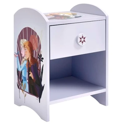 Afbeelding van Disney Frozen nachtkastje: stevige constructie van hout met een 2 laags ontwerp voor voldoende opslag, kleine bijzettafel lade en opbergplank kinderslaapkamer