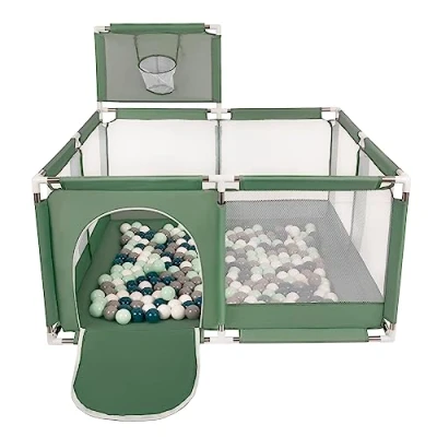 Afbeelding van Selonis Square Babybox Met Plastic Ballen, Basketbal, Groen:Donker Turkoois/Grijs/Wit/Munt,100 Ballen