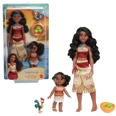 Afbeelding van ​Mattel Disney Vaiana 2 Speelgoed, Zussenset met Modepoppen Kenmerkende Looks, Heihei huisdier, Kokosnoot en Mand, Geïnspireerd op de Film, JBT66