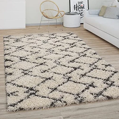 Afbeelding van Hoogpolig Vloerkleed Woonkamer Shaggy Langpolig Modern Boho Scandi Ruitpatroon, Maat:140x200 cm, Kleur:Crème Antraciet 3