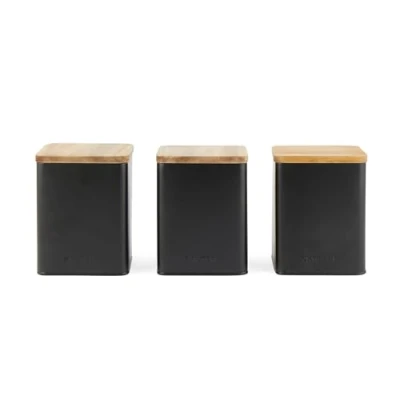Afbeelding van Salter BW12898EU7 Toronto 3 Piece Canister Set Tea, Coffee, Sugar Storage Canisters, Powder Coated Matt Finish, Acacia Wood Lids, Easy Clean, Space Saving Jars, Long Lasting Freshness, Black