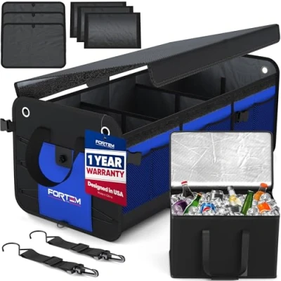 Afbeelding van FORTEM Auto Organizer, SUV Kofferbak Organizer met Koeler, Opvouwbare Vakken, Antislip Bodem, Verstelbare Bevestigingsriempjes, Opvouwbaar Deksel (3 Compartimenten, Blauw)