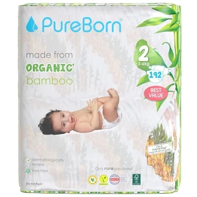 Afbeelding van PureBorn Eco Organic Bamboe Luiers, Maat 2 (3 6 kg), 192 Luiers (3x64), Hypoallergeen, Ultrazacht, Milieuvriendelijk, Assorti Print, Natheidsindicator