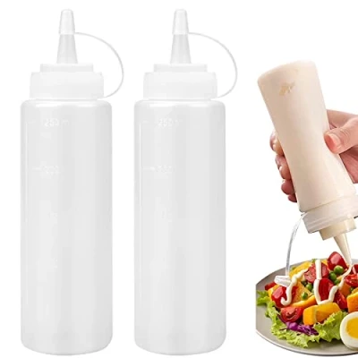 Afbeelding van 2 stuks plastic knijpflessen, knijpfles met doppen, 250 ml, geen lekkageflessen voor schilderen, bakken, ketchup, scherpe saus, olijfolie, sausfles (transparant, ml)