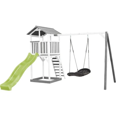 Afbeelding van AXI Beach Tower Speeltoestel van hout in Grijs en Wit Speeltoren met zandbak, nestschommel limoen groene glijbaan