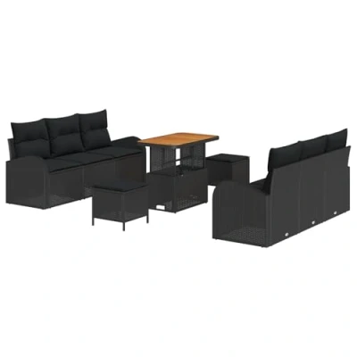 Afbeelding van vidaXL 9 delige Tuin Sofa Set met Kussens Zwart Poly Riet Acacia, 2 Zits Riet, 3 Eet Acacia