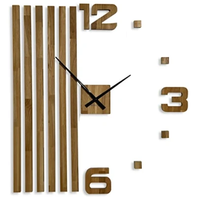 Afbeelding van 3D wandklokken doe het zelf hout eiken lamellen grote wandklok 100 cm modern design eco voor kantoor en thuis muursticker decoratie (XXL zwarte wijzers)