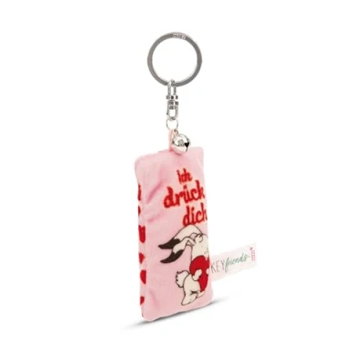 Afbeelding van NICI Sleutelhanger mini pluche kussen Ich drück Dich 8 cm met belletjes kleurrijke trauer metgezel voor rugzak of tas, sleutelhouder klein en groot 62122