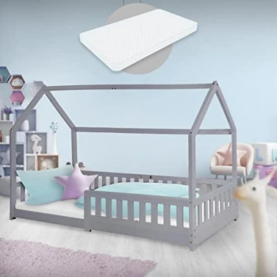 Afbeelding van Kinderbed met uitvalbeveiliging lattenbodem en dak 200x90 cm Lichtgrijs grenenhout ML Design