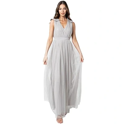 Afbeelding van Maya Deluxe Maxi jurk voor dames, met ruches, V hals, mouwloos, hoge Empire taille, lang, gala, gast, bruiloft, bruidsmeisje, Zacht Grijs, 36
