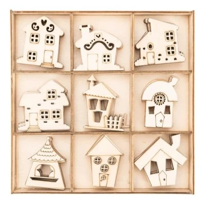 Afbeelding van Ideen mit Herz Strooidecoratie van hout, houten motieven, kabouterhuizen, tafeldecoratie, inclusief box, 9 verschillende designs, elk 7 stuks, 63 delig