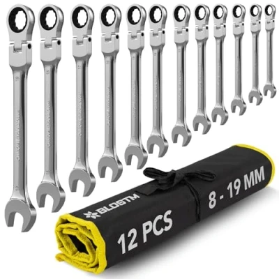 Afbeelding van BLOSTM flexibele ratelsleutelset 12 stuks combinatiesleutelset, 8 19 mm, 180 kop, voor doe het zelf en reparaties met oprolbare opbergzak