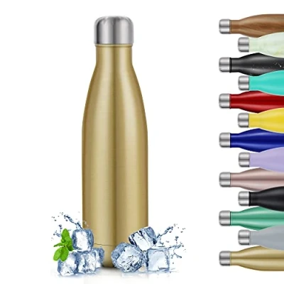 Afbeelding van TITIROBA Roestvrijstalen waterfles, 500 ml, vacuüm geïsoleerd, lekvrij, thermosfles, BPA vrij, 24 uur koud en 12 warm glanzend champagne goud