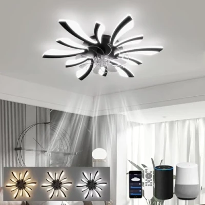 Afbeelding van LJX Kroonluchter plafondventilator, 78 cm, plafondlamp, compatibel met Alexa, timer, stil, 6 snelheden, omkeerbaar, voor slaapkamer, woonkamer, zwart