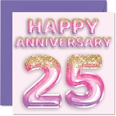 Afbeelding van Mooie zilveren verjaardagskaart voor vrouw vriendin man vriend roze paarse glitter ballon gelukkige 25e verjaardag kaarten van familie, 145mm x wenskaarten vijfentwintigste jubilea