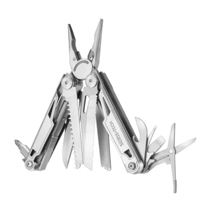 Afbeelding van Swiss+Tech Multifunctioneel gereedschap, 16 in 1 multifunctionele tang, opvouwbaar met draagtas, op de camping, schaar, zaag, flesopener, schroevendraaier voor buiten, repareren, wandelen, picknick