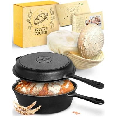 Afbeelding van KRUSTENZAUBER gietijzeren pan, brood bakken (incl. rijskorf) robuuste 26cm broodvorm om te Ideale met deksel, accessoires, koekenpan