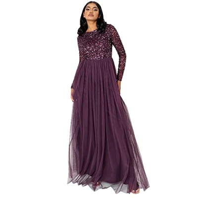 Afbeelding van Maya Deluxe Vrouwen verfraaid lange mouw maxi jurk bruidsmeisje, Bessen, 50