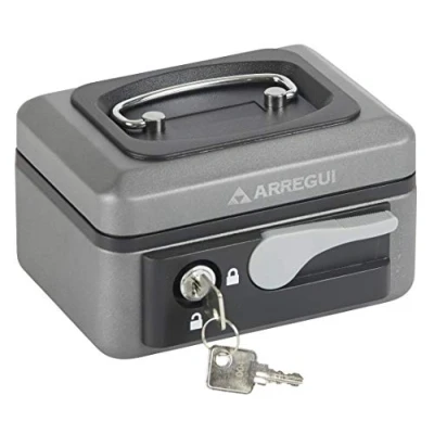 Afbeelding van ARREGUI Popup C9716 Stalen Geldkistje Geldkist 15 cm Breed Afsluitbare Geldkluisje met Legbord Kleine Sleutel en Inzet voor Munten Kassa Grijs