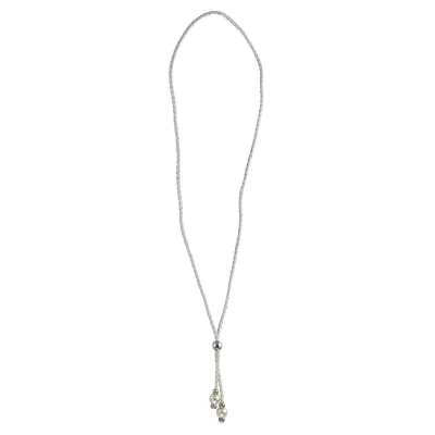 Afbeelding van Behave Lange gevlochten witte ketting van imitatieleer met parels