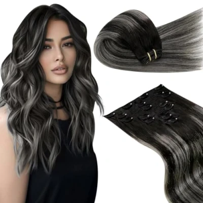 Afbeelding van LaaVoo Clip in Hair Extensions Human 7pcs 120g 22Inch Zwart met Natuurlijke Zilveren Haarextensies Remy Naadloze Dubbele Weft #1b/s/1b