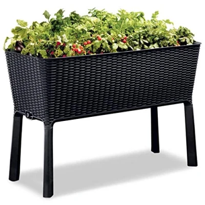 Afbeelding van Keter Easy Grow Modern verhoogd bloembed, grijs, incl. irrigatiesysteem, rotanlook, geschikt voor balkon, terras of tuin