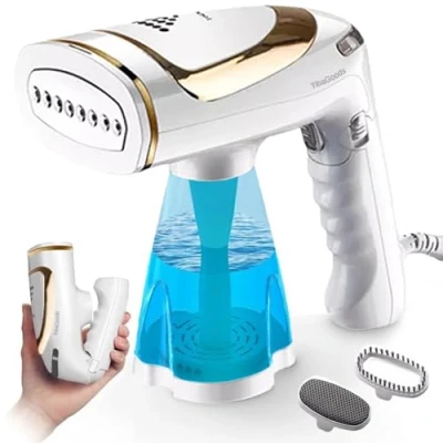Afbeelding van TibaGoods Luxe Kledingstomer Handstomer Stoomapparaat Kleding Ontkreuker Stoomreiniger Stoomstrijkijzer Warmt snel op Inclusief 2 opzetborstels 1600w 250ml