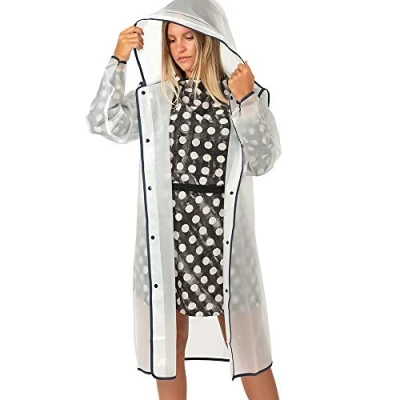 Afbeelding van Lange Regenjas Man Vrouw met Capuchon en Reflecterende Details Waterbestendige Regenponcho Mouwen Knopen Draagbare Poncho Jas Regen Modder Perletti (Transparant Blauwe Rand, S)
