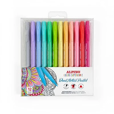 Afbeelding van Alpino Color Experience 12 markeerstiften Dual Artist pastelkleuren dubbele punt: penseelpunt en fijne punt marker voor mandala lettering