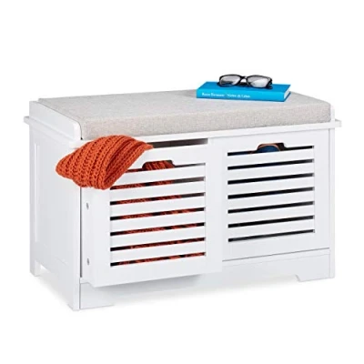 Afbeelding van Relaxdays halbankje met 2 lades, gepolsterd, opbergruimte, landhuisstijl, zitcommode, HxBxD 44 x 72 35 cm, wit