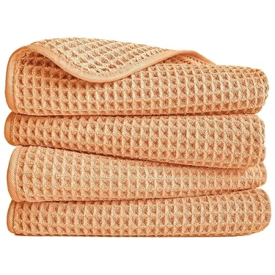 Afbeelding van Polyte Microvezelhanddoek pluisvrij en sneldrogend wafelstructuur oranje 40 x 76 cm 4 stuks