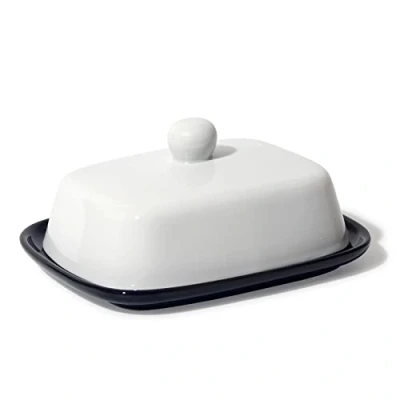 Afbeelding van Theo&amp;Cleo Botervloot, hoogwaardige boterbel van keramiek, boterschotel voor alle gangbare boter (250 g), boterschaal porselein (zwart wit)