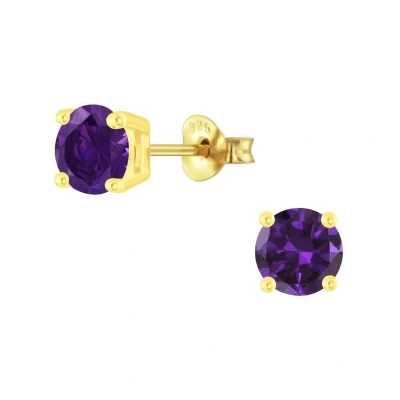Afbeelding van JoyS Zilveren 6 mm oorbellen rond zirkonia paars 14k goudplating