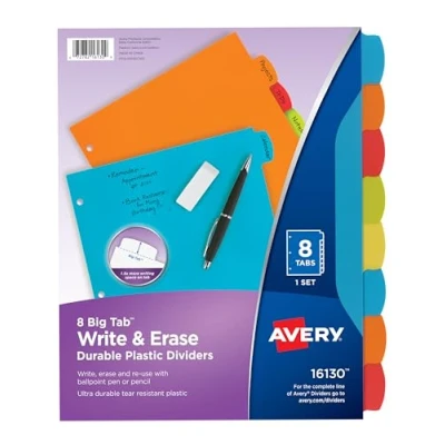 Afbeelding van Avery Big Tab schrijven en wissen duurzame plastic verdelers, 8 veelkleurige tabbladen, 1 set, 24 verpakkingen (16130)