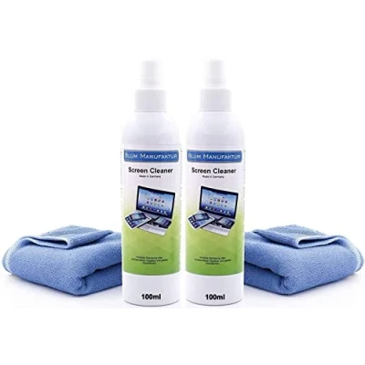 Afbeelding van Blum 2x 100ml schermreiniger + microvezeldoekje 30x30 cm. Perfecte reiniging van alle schermen en displays. Striploos zonder strepen.