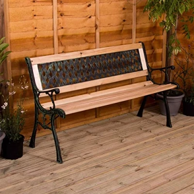 Afbeelding van Home Discount Garden Vida Tuinbank, Cross Style Design 3 zits tuinmeubilair zitplaatsen houten latten gietijzeren poten park patio stoel