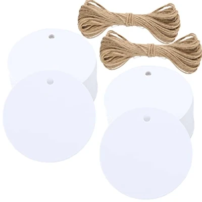 Afbeelding van G2PLUS 100 stuks witte cadeaulabels, ronde labels, 5,5 cm kraftpapier, labels met jute koord, blanco papieren hangers voor kunst en knutselproject