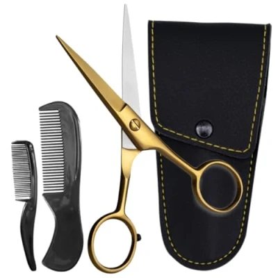 Afbeelding van ONTAKI 5 inch Baard Snor Schaar Professioneel Duits Staal 2 Kam Draagtas Trimmen Hand Gesmeed Schuine Rand Precisie Mannen Gezichtshaar Verzorging Kit Alle Body Haar (Gouden Messing)