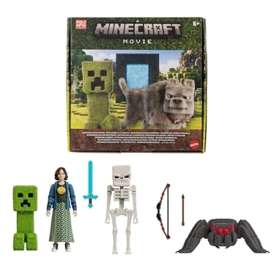 Afbeelding van Mattel Minecraft Verhalenset met 4 Actiefiguren en 3 Accessoires, Bovenwereldse Ontmoetingen Pack Geïnspireerd op A Mineceaft Movie, Verzamelspeelgoed, JFR70