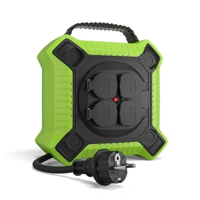 Afbeelding van MutecPower Kabelhaspel 10m Outdoor IP44 met 4 Geaarde Stopcontacten, voor Buitengebruik H05RR F 3G1,5 Zwart/Groen 10 meter