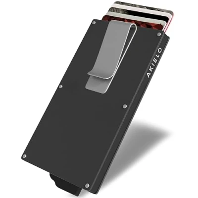 Afbeelding van AKIELO RFID Blokkerende Kaarthouder met Geldclip en Geschenkdoos Minimalistische Heren Kaart Portemonnee Contactloze Creditcardbeschermer (ALPHA Titanium Clip Editie)