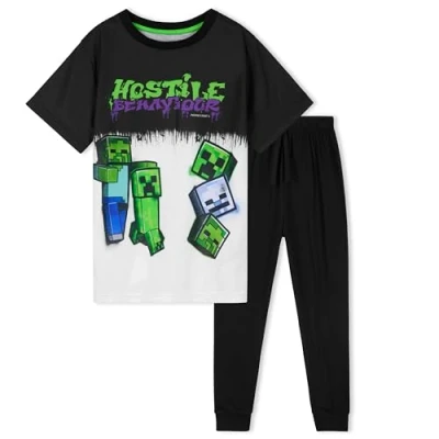 Afbeelding van Minecraft Pyjama voor jongens en kinderen, 5 14 jaar, winter, nachtkleding, bovenstuk, pyjamabroek, lang, tieners (Zwart/Wit, 11 12 Jaar)