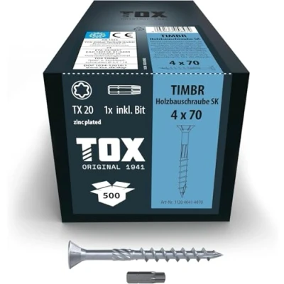 Afbeelding van TOX Houtbouwschroeven TIMBR SK 4,0 x 70 mm, blauw verzinkt met verzonken kop, TX20, schroeven voor gemakkelijk indraaien en vlakke montage in houtbouw, 500 stuks doos, incl. 1x bit, 112040414070