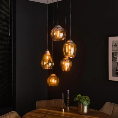 Afbeelding van Hoyz Hanglamp 5L mix Getrapt Amberkleurig glas
