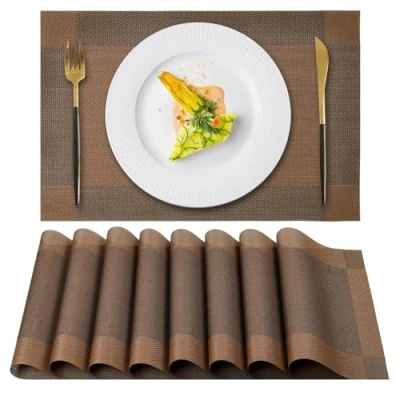Afbeelding van Gucass Set van 8 afwasbaar, pvc placemats, hittebestendig, antislip, voor keuken, restaurant, eettafel, 45 x 30 cm, donkerbruin