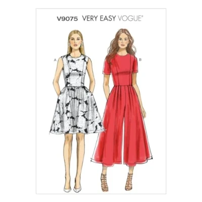 Afbeelding van Vogue Patterns 9075 Misses Petite jurk en jumpsuit, maten, jersey, denim, linnen, meerkleurig, A5 (6 8 10 12 14)