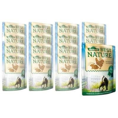 Afbeelding van Dehner Best Nature Kattenvoer, natvoer, voor volwassen katten, wilde konijntjes, kip, amarant, zak van 16 x 85 g (1,36 kg)