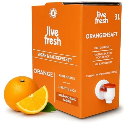 Afbeelding van LiveFresh® Sinaasappelsap 3 liter sapbox koudgeperst van 100% verse sinaasappels geen toevoegingen, toegevoegde suiker