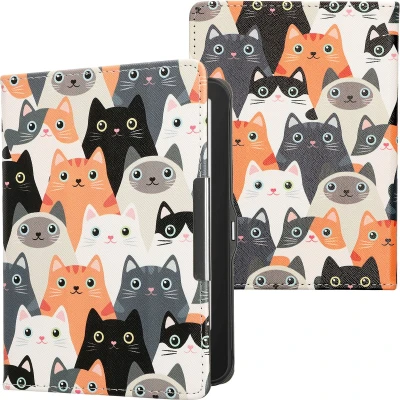 Afbeelding van kwmobile E reader hoesje geschikt voor Tolino Vision 1 / 2 3 4 HD hoes flip case met magnetische sluiting Ereader cover Katten design in oranje zwart wit