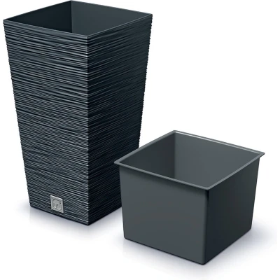 Afbeelding van Prosperplast Plantenpot/bloempot Furu Stripes voor buiten kunststof antraciet vierkant D24 x H45 cm Plantenp
